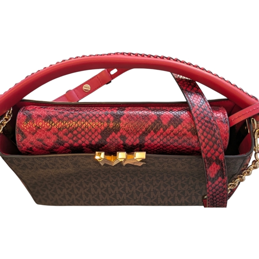 LIKE NEW MICHAEL Kors SET Karlie Crimson Logo Print Faux Snake Textured Leather - Picture 8 of 13